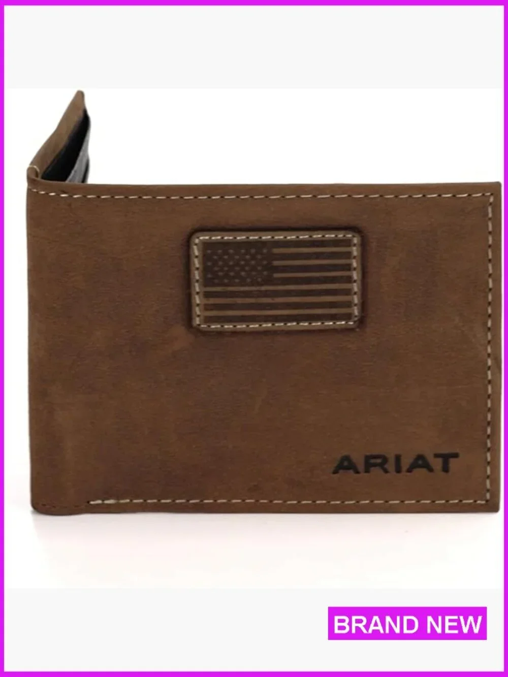 Genuine Leather Bifold Wallet Western Style Patriotic Patch Classic Mens